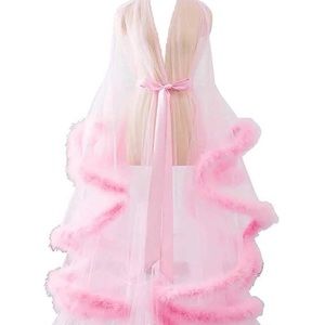 Pink mesh feather robe with ribbon